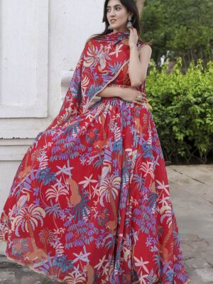 zyvra red floral georgette lehenga set