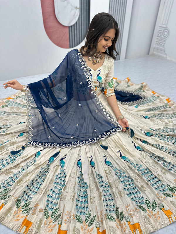 ivory peacock print indo western lehenga set ivory peacock print indo western lehenga set