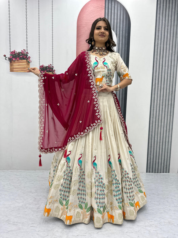 ivory peacock print indo western lehenga set ivory peacock print indo western lehenga set