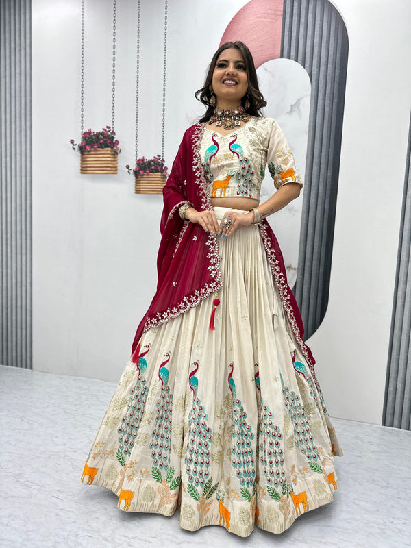 ivory peacock print indo western lehenga set ivory peacock print indo western lehenga set