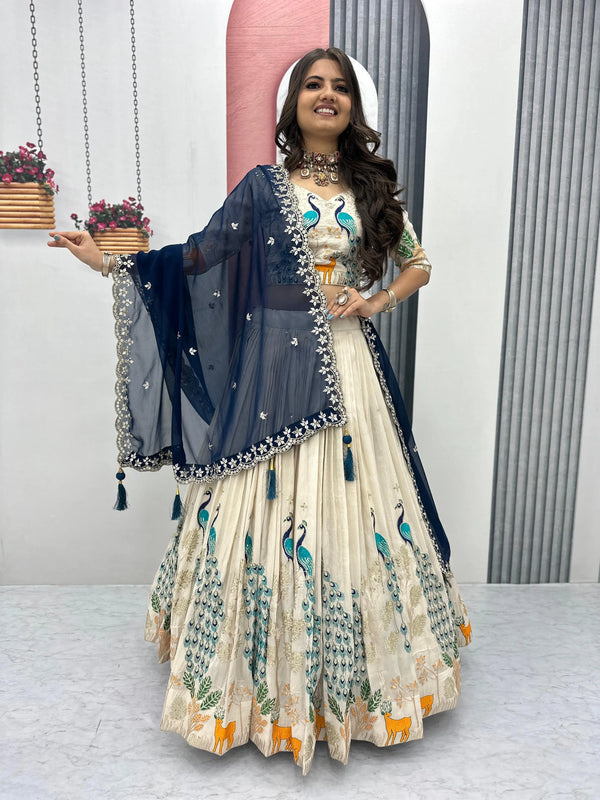 ivory peacock print indo western lehenga set ivory peacock print indo western lehenga set