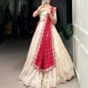 ivory red embroidered silk lehenga set