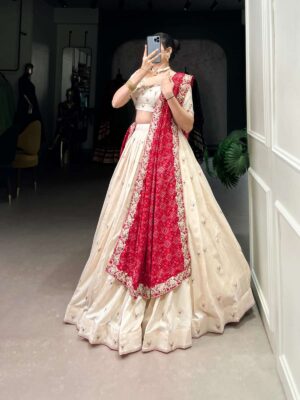 ivory red embroidered silk lehenga set