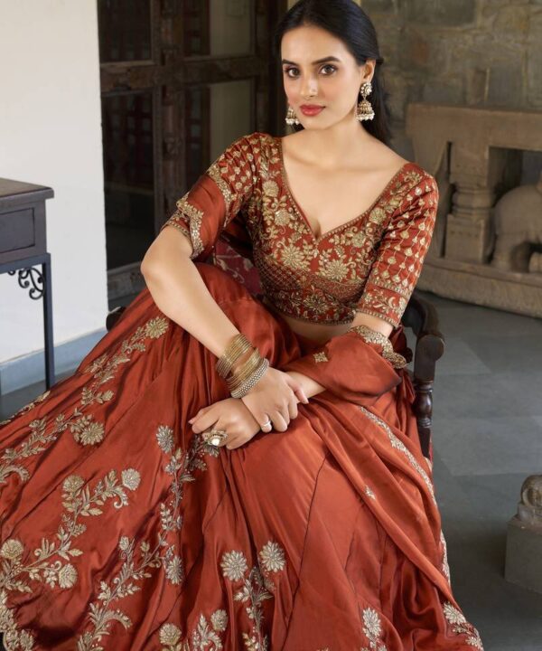 auto draft zyvra royal rust orange embroidered bridal lehenga