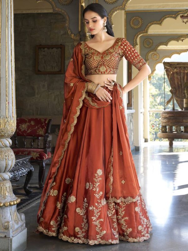 auto draft zyvra royal rust orange embroidered bridal lehenga