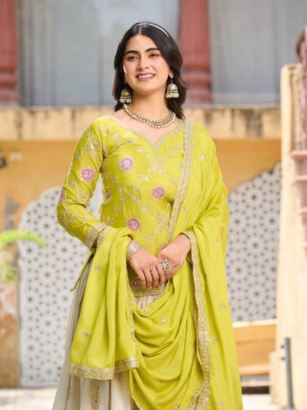 ivory silk lehenga with embroidered kurta & dupatta