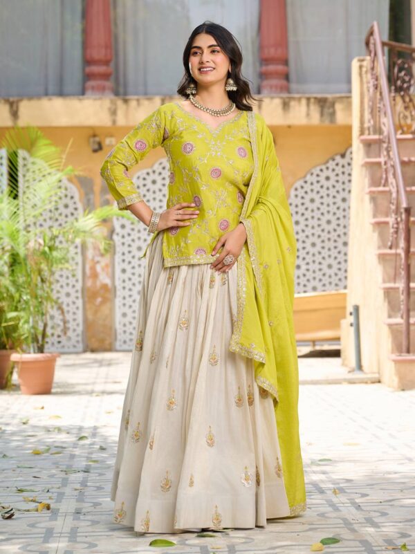 ivory silk lehenga with embroidered kurta & dupatta
