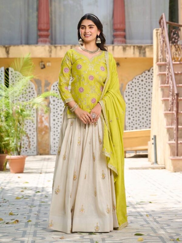 ivory silk lehenga with embroidered kurta & dupatta