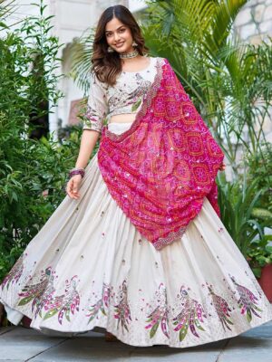 zyvra ivory white silk lehenga – pink bandhani dupatta