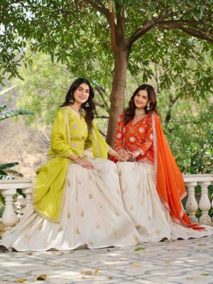 ivory silk lehenga with embroidered kurta & dupatta